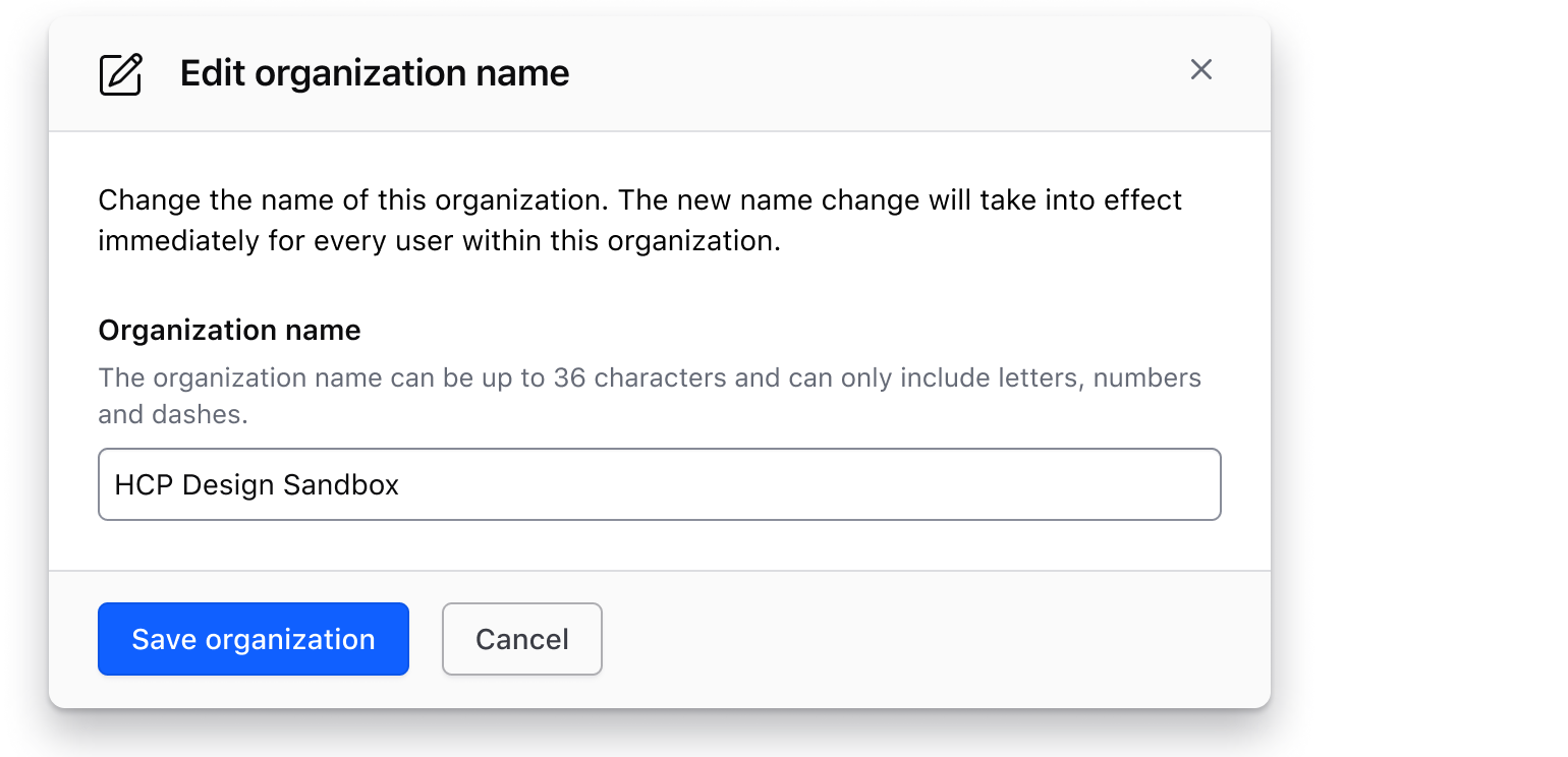 A modal that has a form to edit an organization. The title is "Edit organization name" and the save button is "Save organization".